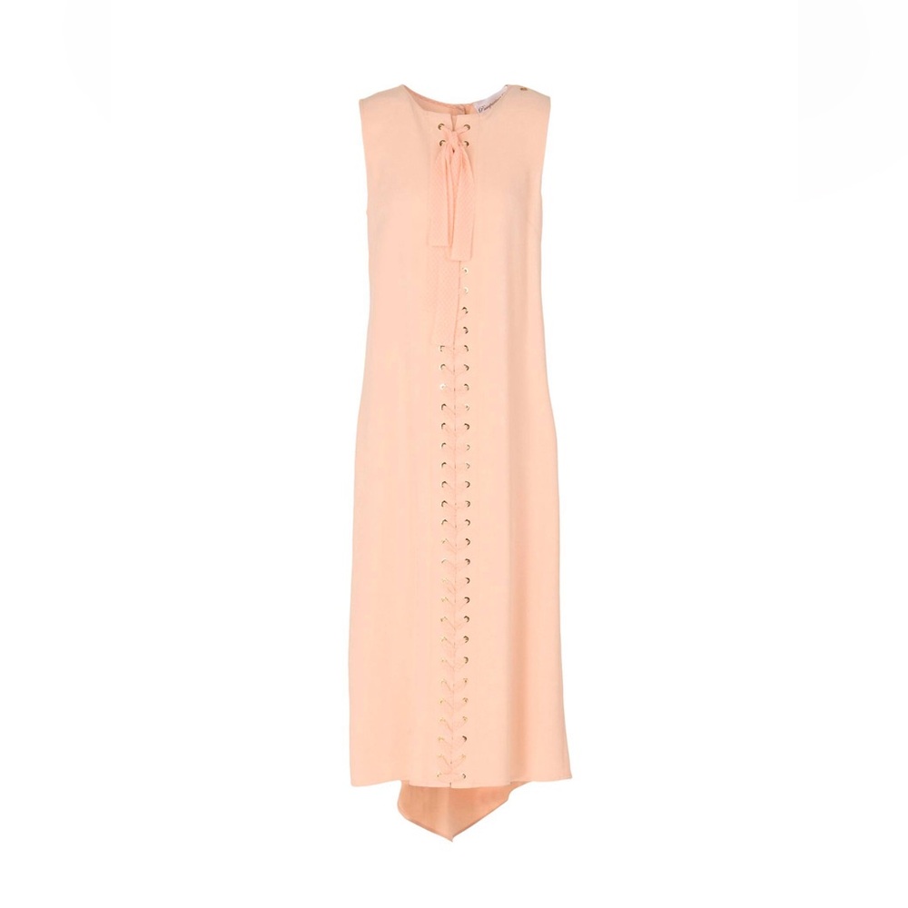 Lace-Up Midi Dress | Peach Salmon Sleeveless Cocktail Party Dress US 10